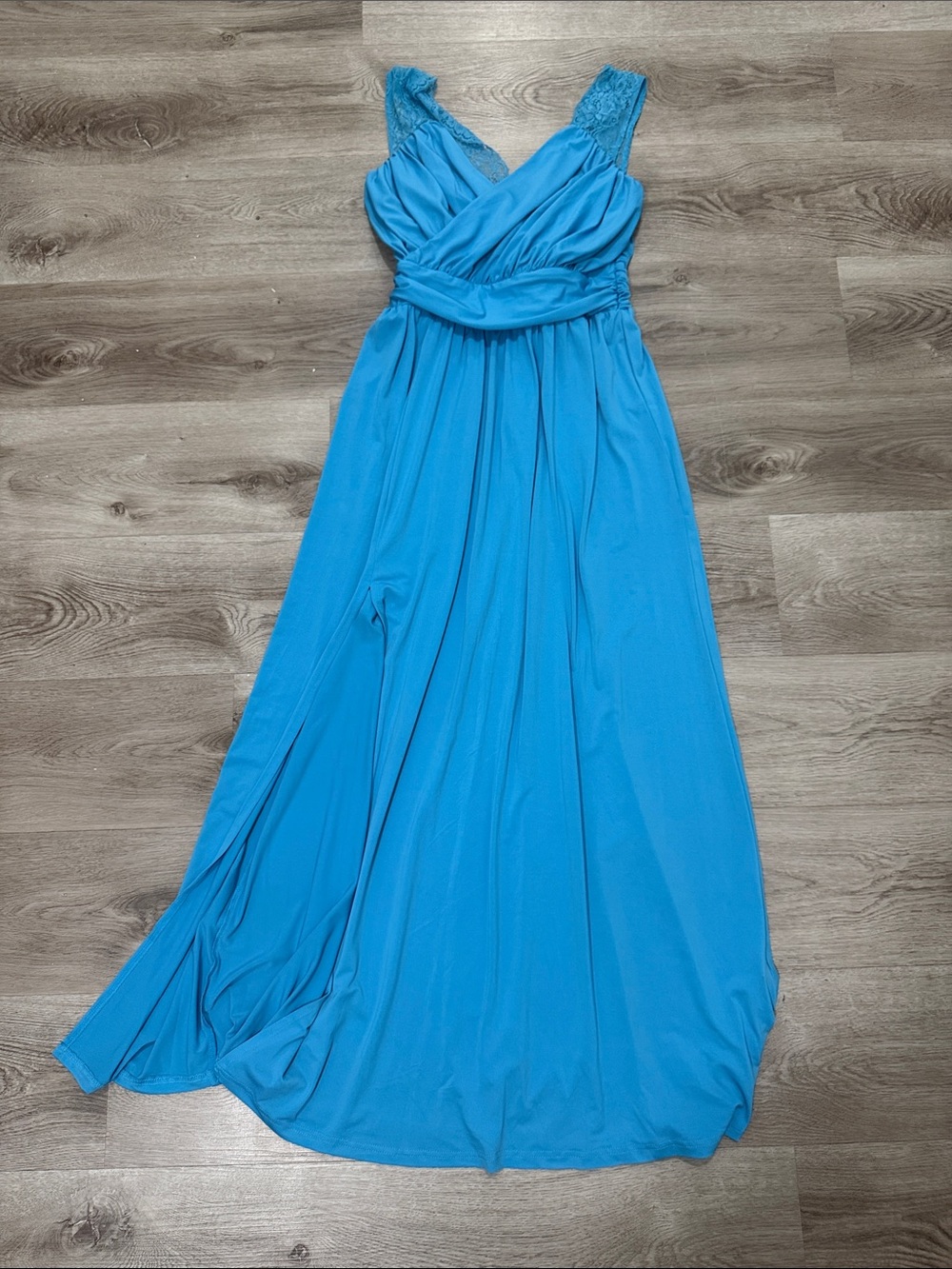 Aqua Blue Sleeveless V-Neck Maxi Evening Gown with Lace Straps